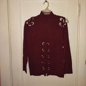 Women's Burgundy Turtleneck Sweater with Grommet Details